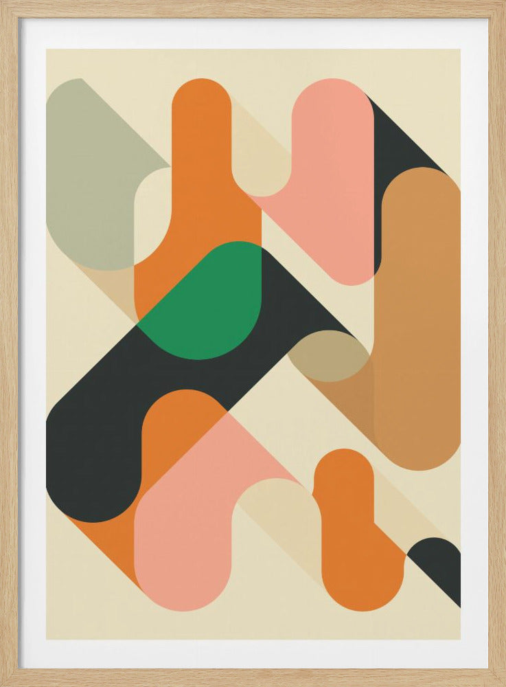 A framed abstract art print featuring a complex arrangement of overlapping, ribbon-like shapes with rounded corners. The color palette includes shades of orange, pink, charcoal grey, and green, all set against a cream background. The shapes cast soft shadows, creating a sense of depth and layering. Decor