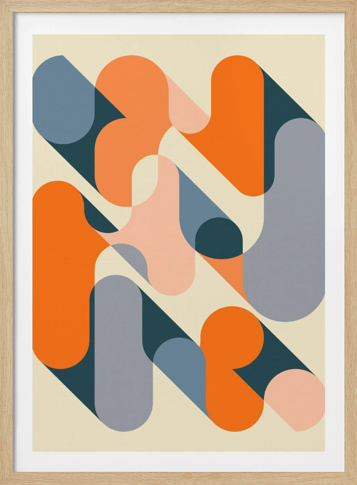 A framed abstract artwork featuring a dynamic composition of overlapping, rounded, ribbon-like shapes in orange, slate blue, and pale pink. The shapes are arranged diagonally and cast dark teal shadows, creating a sense of depth and three-dimensionality against a cream-colored background. Print