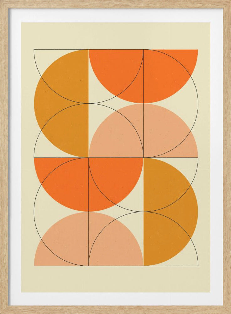 A framed abstract geometric print featuring a grid of overlapping semi-circles and quarter-circles in shades of bright orange, marigold, and peach on a cream background, with thin black lines defining the shapes. Decor