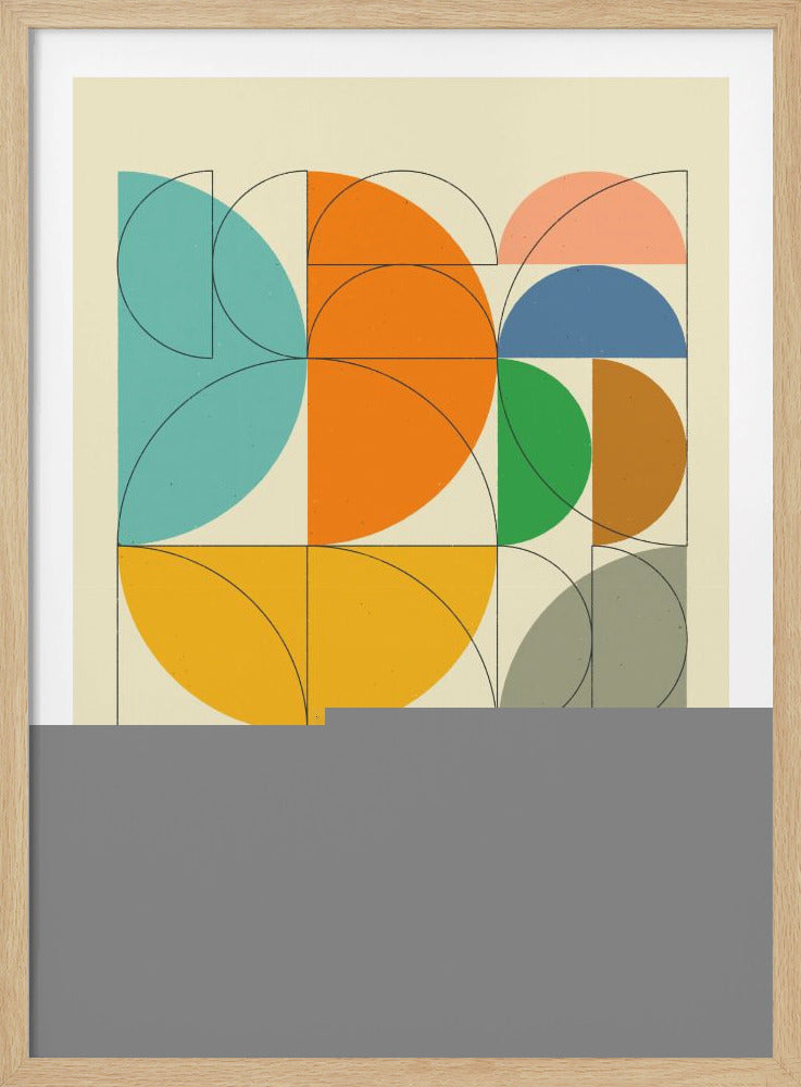 A mid-century modern abstract art print featuring a grid of colorful geometric shapes on a cream background. The shapes, composed of semi-circles and quadrants in hues of orange, yellow, teal, green, and purple, are overlaid with thin black line drawings of circles, creating a layered, architectural feel. Poster