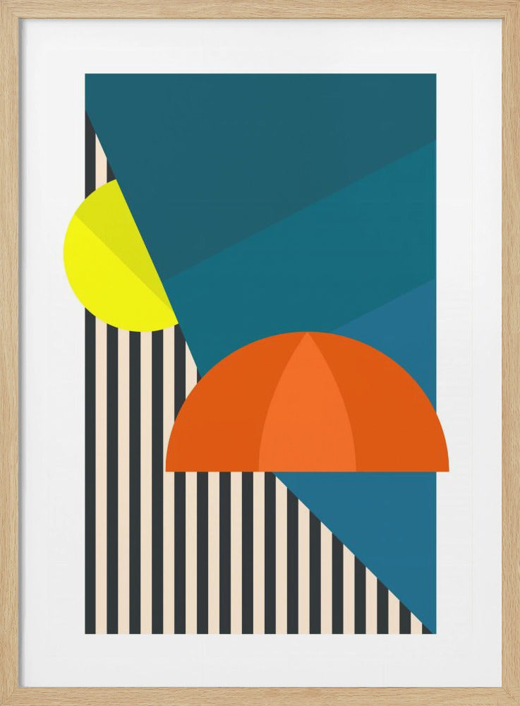 An abstract geometric art print featuring bold shapes in teal, orange, and yellow set against a background of black and cream vertical stripes, all enclosed in a thin black frame. Artwork
