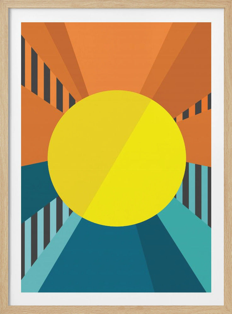 A framed abstract geometric artwork featuring a large, bright yellow circle in the center. The background is split, with the top half in shades of orange and the bottom half in shades of blue and teal. Lines radiate from a central point, creating a sense of perspective, as if looking down a hallway or at a sunrise/sunset over a road. The sides feature vertical dark gray stripes. Artwork