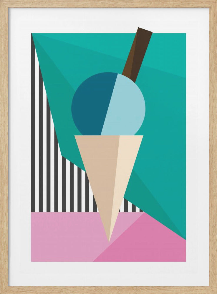 A modern, geometric art print of an ice cream cone. The cone is tan, topped with a two-toned blue scoop of ice cream and a brown chocolate stick. The background is a collage of angular shapes in teal and pink, with a pattern of black and white vertical stripes on the left. Decor