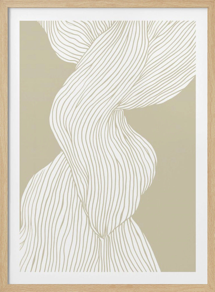 A framed abstract artwork featuring a large, twisting, white organic form composed of thin, wavy lines against a solid beige background. The piece has a minimalist and modern aesthetic, enclosed in a simple black frame. Print