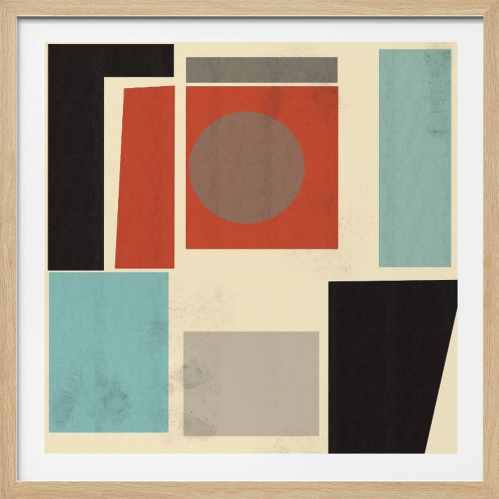 A modern abstract art print in a light wood frame, featuring a collage of geometric shapes in muted red, blue, black, and grey on a cream-colored, lightly textured background. Poster
