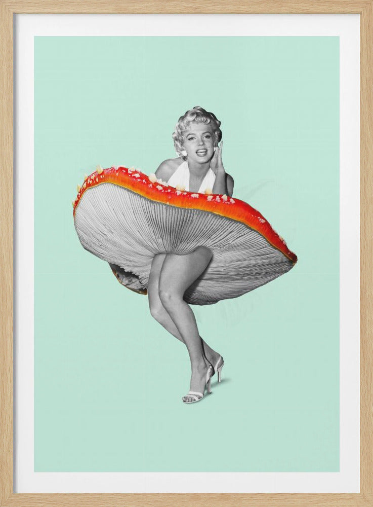 A surreal collage featuring a black and white image of Marilyn Monroe in her iconic 'flying skirt' pose, but instead of a dress, she is wearing a large red and white fly agaric mushroom as a skirt. The background is a solid light mint green. Wall Art