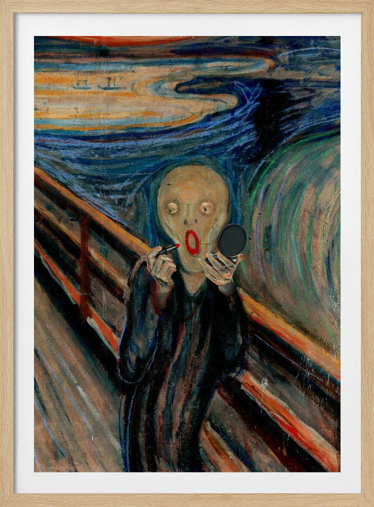 A humorous parody of Edvard Munch's 'The Scream,' where the iconic despairing figure is comically applying bright red lipstick while looking in a handheld mirror against the turbulent, colorful backdrop. Print