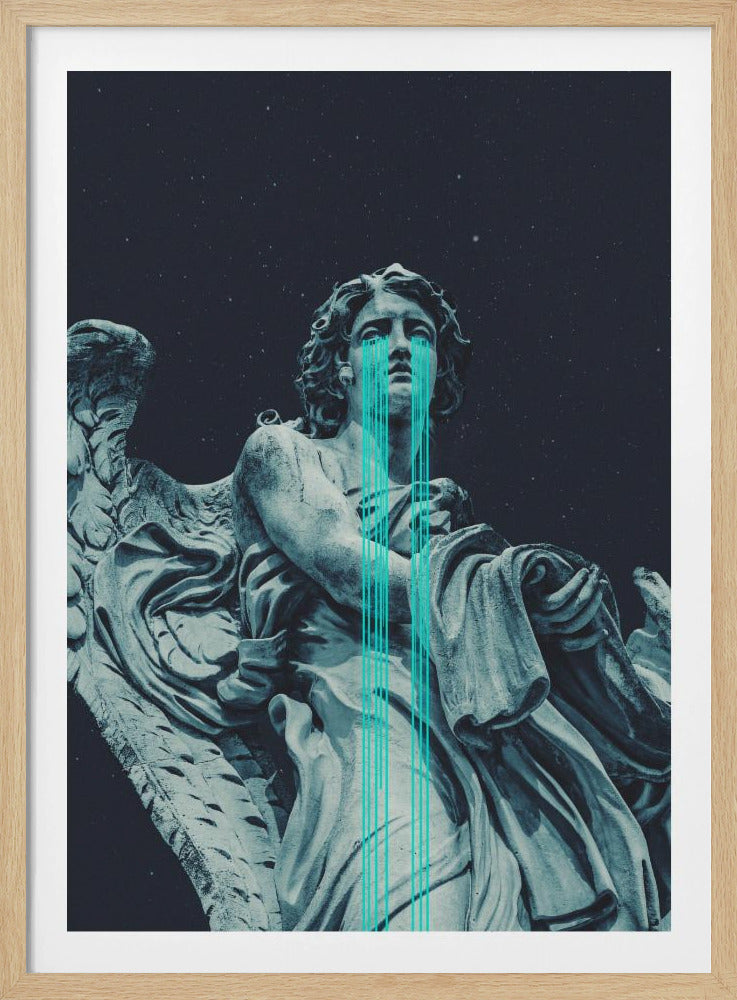 A low-angle shot of a grey stone statue of a weeping angel against a dark starry sky. Bright, stylized turquoise lines stream down from the angel's eyes, dripping over its body in a modern, graphic representation of tears. Poster