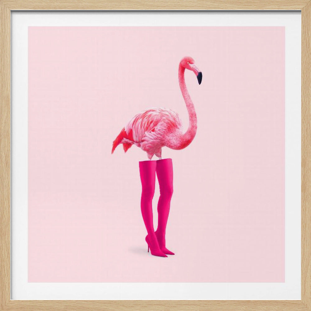 A surrealist art piece in a light wood frame, featuring the upper body of a pink flamingo standing on two human legs wearing hot pink thigh-high stiletto boots, all set against a pale pink background. Artwork