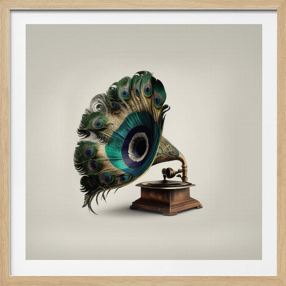A surrealist artwork of a vintage gramophone where the horn is replaced by a large, fanned-out array of vibrant peacock feathers, complete with their iconic green and blue eye spots. The gramophone has a dark wood base and is set against a plain, off-white background, all within a light-colored wooden frame. Artwork