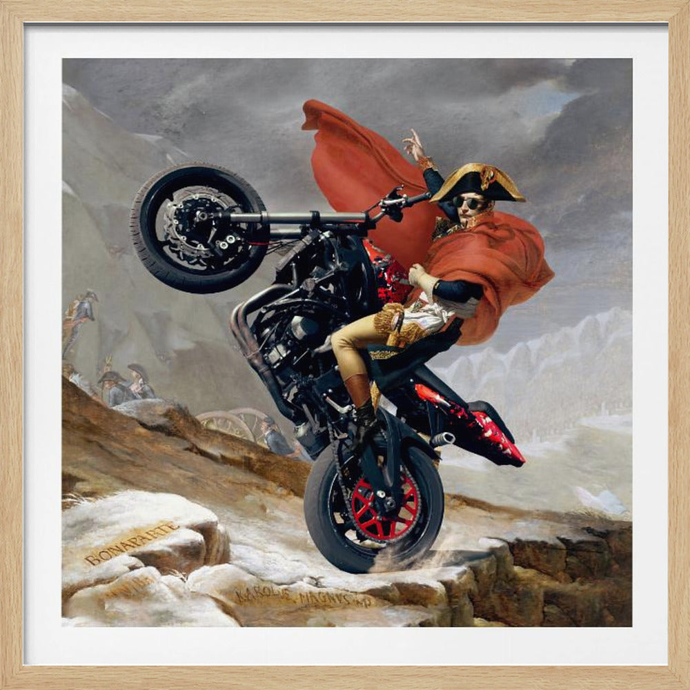 A framed parody artwork of the classic painting 'Napoleon Crossing the Alps.' Instead of a horse, Napoleon Bonaparte is performing a dramatic wheelie on a modern black and red motorcycle. He wears sunglasses, his signature bicorne hat, and a flowing red cape against a snowy, mountainous backdrop. Print