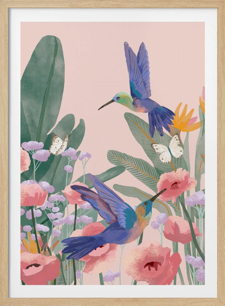 A vibrant illustration of two blue hummingbirds flying amongst pink poppies, lavender flowers, and large green tropical leaves against a soft pink background. Two white butterflies flutter nearby, creating a lively and colorful nature scene. Artwork