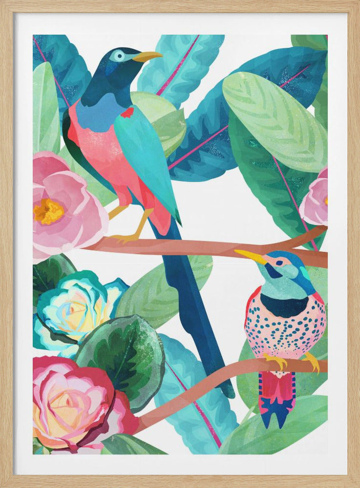 A vibrant, stylized painting of two colorful tropical birds perched on branches amidst lush green and blue leaves and bright pink and red flowers. The background is a stark white, making the bright colors of the birds and foliage pop. Artwork