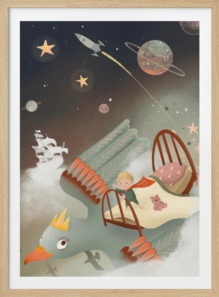 A whimsical children's illustration of a young boy in pajamas standing on his bed, which is being carried through a magical night sky by a giant, crowned bird. The background is filled with stars, planets, a rocket ship, and a pirate ship floating on clouds, creating a dreamy and adventurous scene. Poster