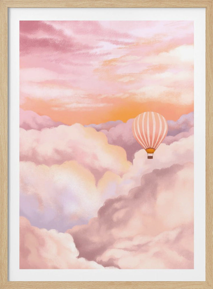 A serene illustration of a pink and white striped hot air balloon soaring through a dreamy sky filled with soft, fluffy clouds, all bathed in the warm, gentle light of a pink and orange sunset. Decor