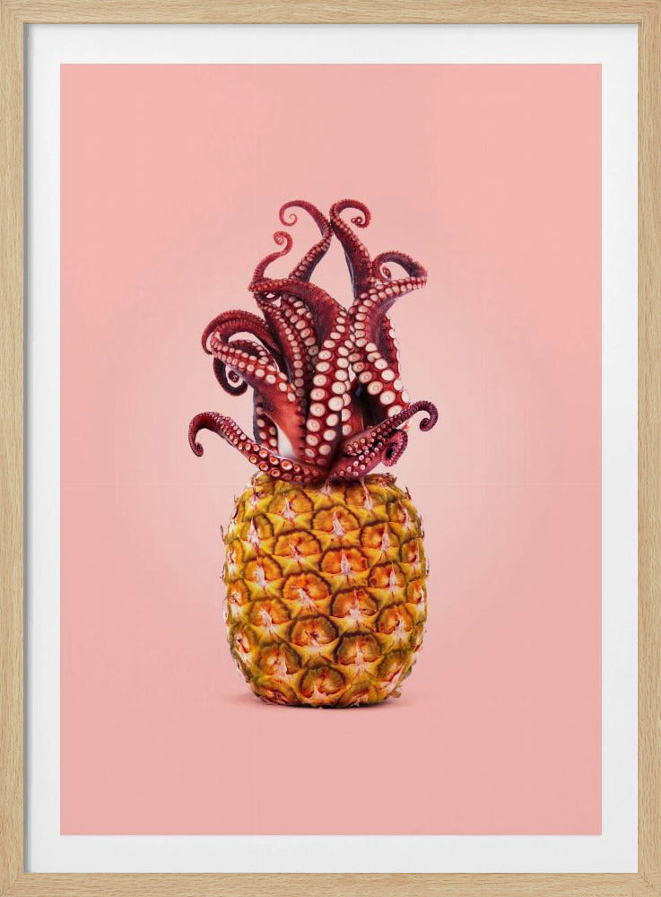 A surreal art print featuring a red octopus sitting atop a yellow pineapple, its tentacles curled upward like a crown, all against a solid light pink background within a black frame. Poster