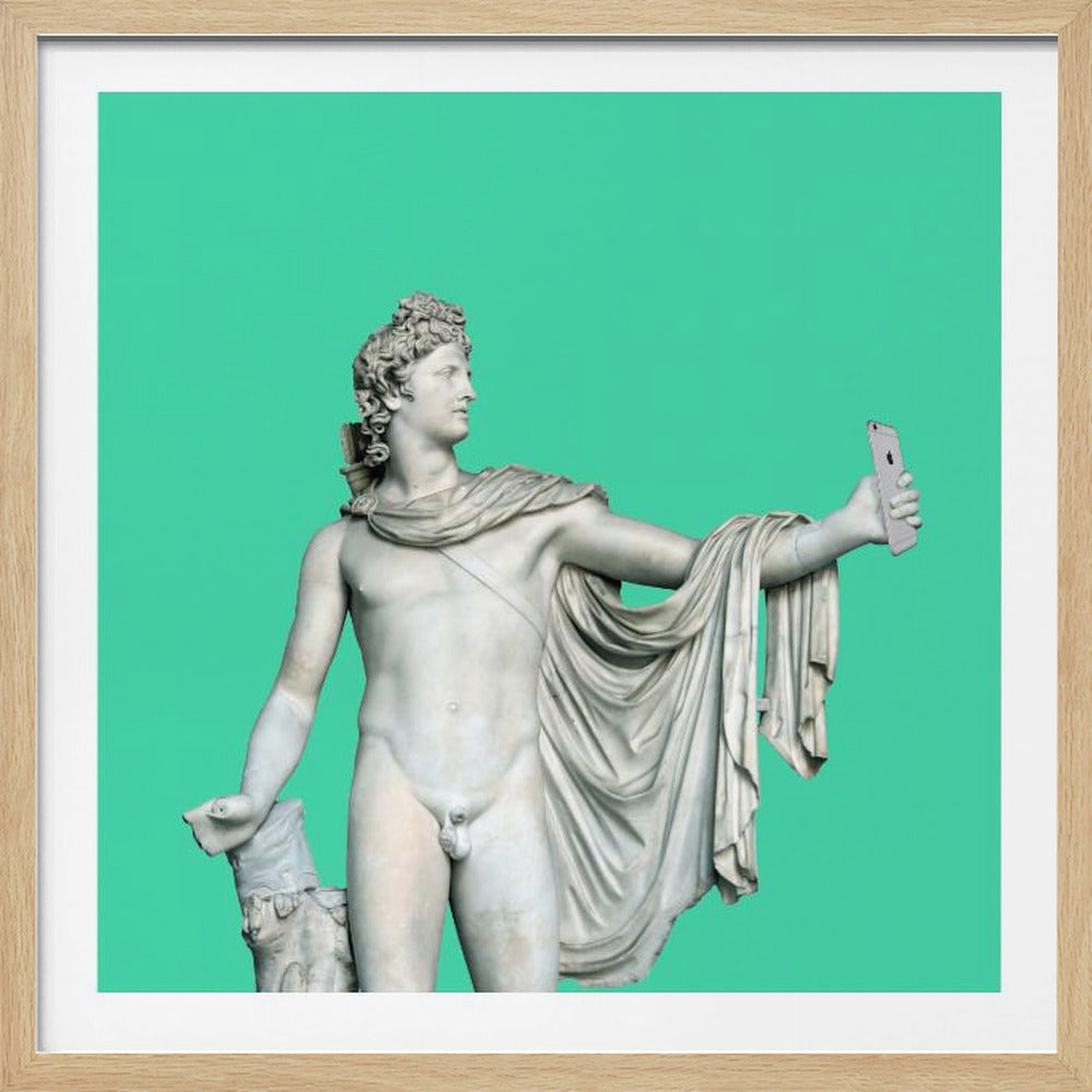 A framed piece of art showing a classical marble statue of the Apollo Belvedere against a solid mint green background. The statue is humorously holding a silver smartphone in its outstretched hand as if taking a selfie. Artwork