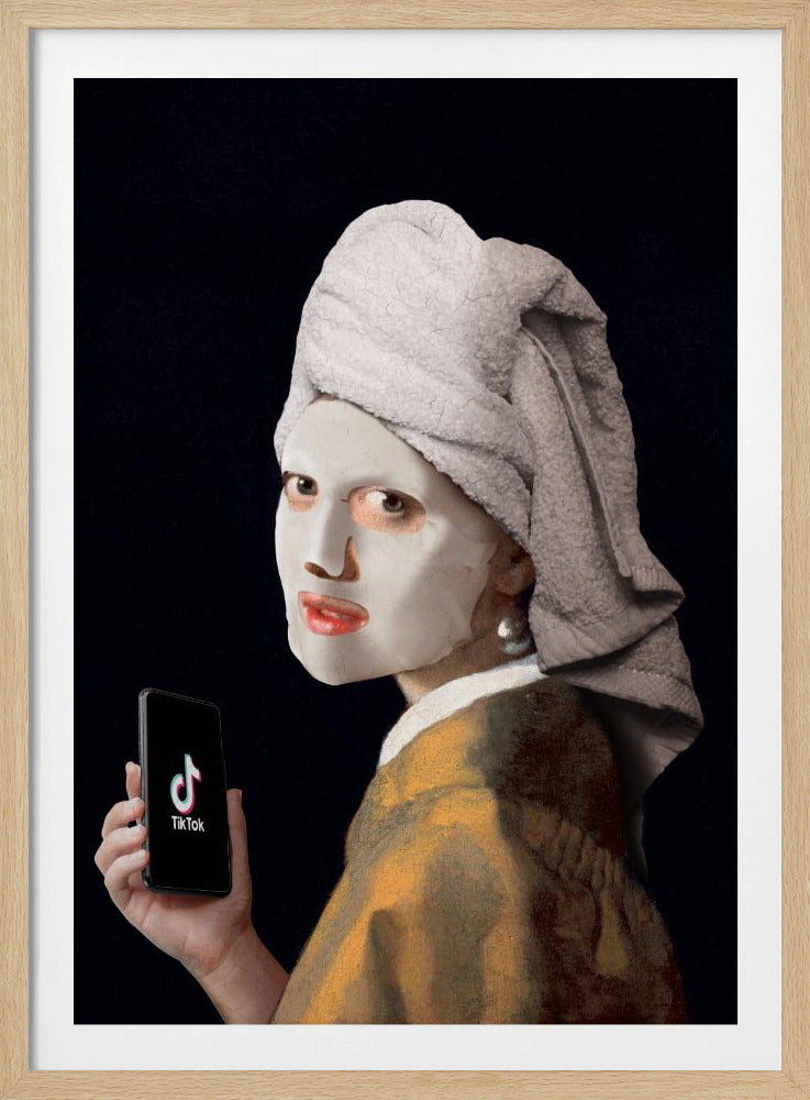 A humorous modern parody of Vermeer's 'Girl with a Pearl Earring,' where the subject wears a white clay face mask and a towel wrapped around her head, looking over her shoulder while holding a smartphone displaying the TikTok app. Decor