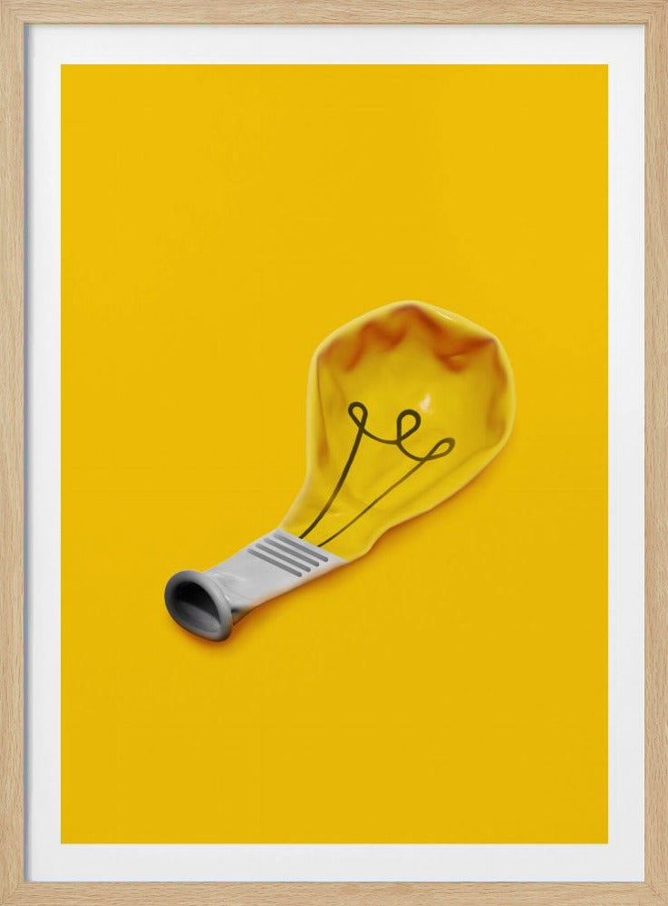 A minimalist conceptual artwork featuring a deflated yellow balloon designed to resemble a lightbulb, set against a solid bright yellow background. The balloon has a grey screw base and a hand-drawn black filament, symbolizing a lost or deflated idea. Poster