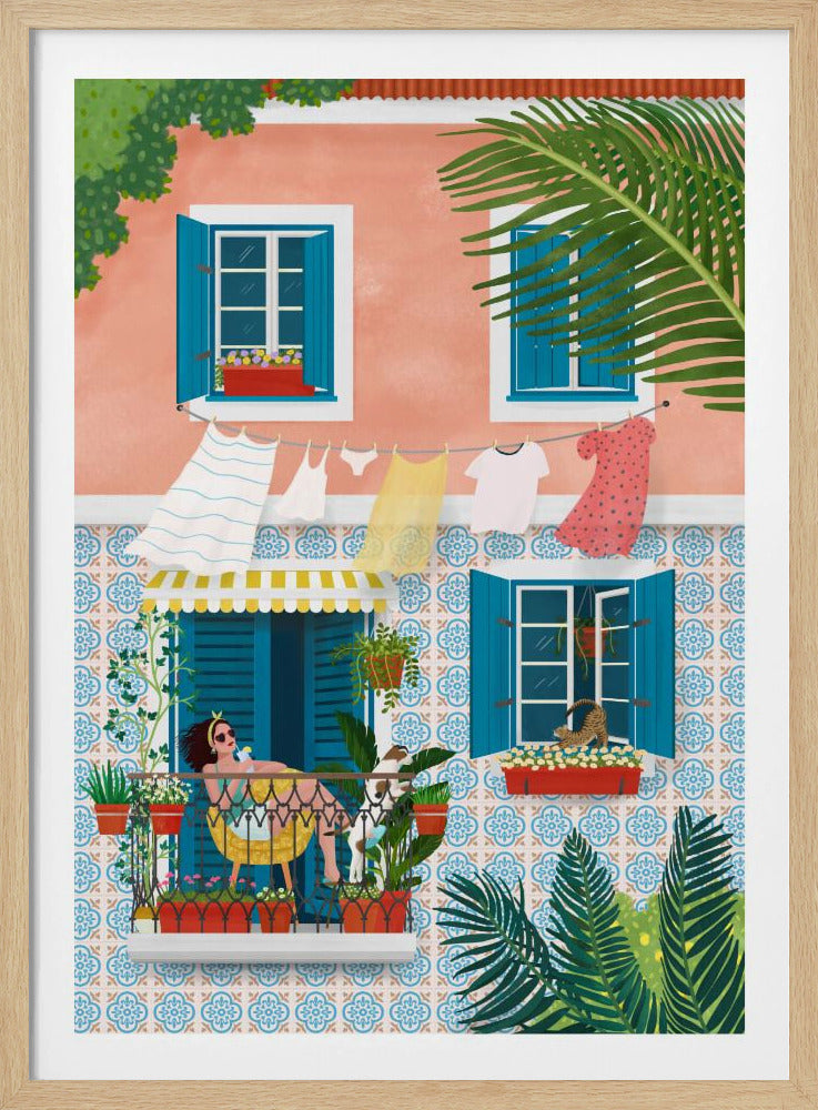 An illustration of a woman in a yellow dress and sunglasses relaxing on a sunny balcony filled with potted plants, with her dog beside her. The building has a pink upper half and a blue and white tiled lower half, with bright blue shutters on the windows. Laundry hangs on a line between the windows, and a cat stretches in a window box. Poster