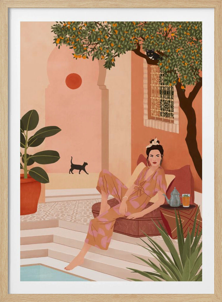 An illustration of a woman in a patterned jumpsuit lounging on a daybed in a sun-drenched terracotta courtyard. An orange tree provides shade, with one black cat resting on a branch and another walking in the background. She is next to a small pool and a table with a teapot and glass. Print
