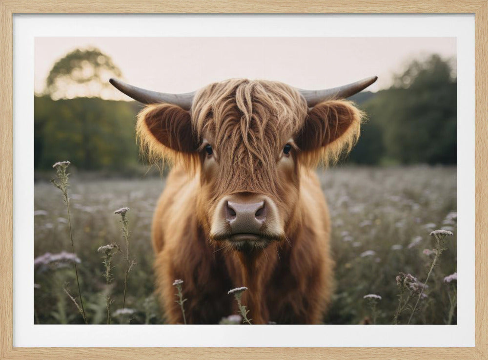 A close-up, front-facing portrait of a shaggy brown Highland cow with long horns, standing in a field of wildflowers. The cow is looking directly at the camera, and the background is softly blurred. Poster