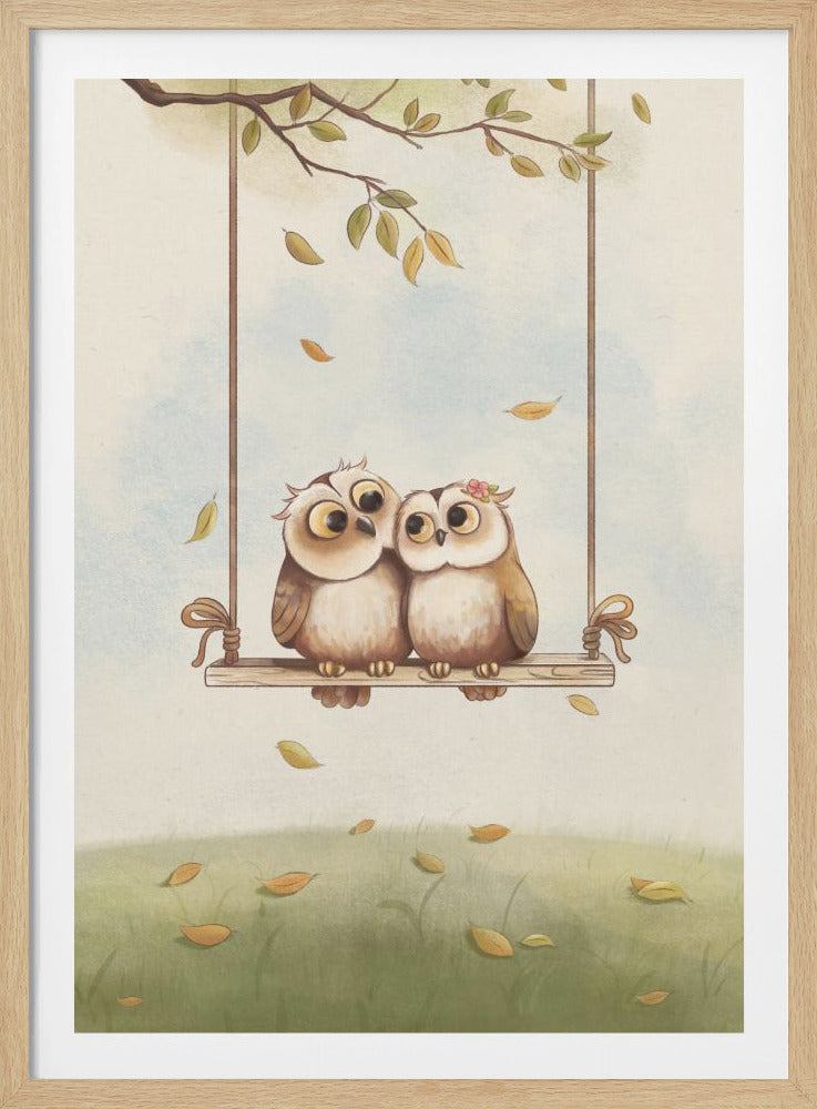 A charming vertical illustration of two cute cartoon owls, a couple, sitting together on a wooden swing hanging from a tree branch. Autumn leaves fall around them against a soft sky and a green grassy field. Artwork