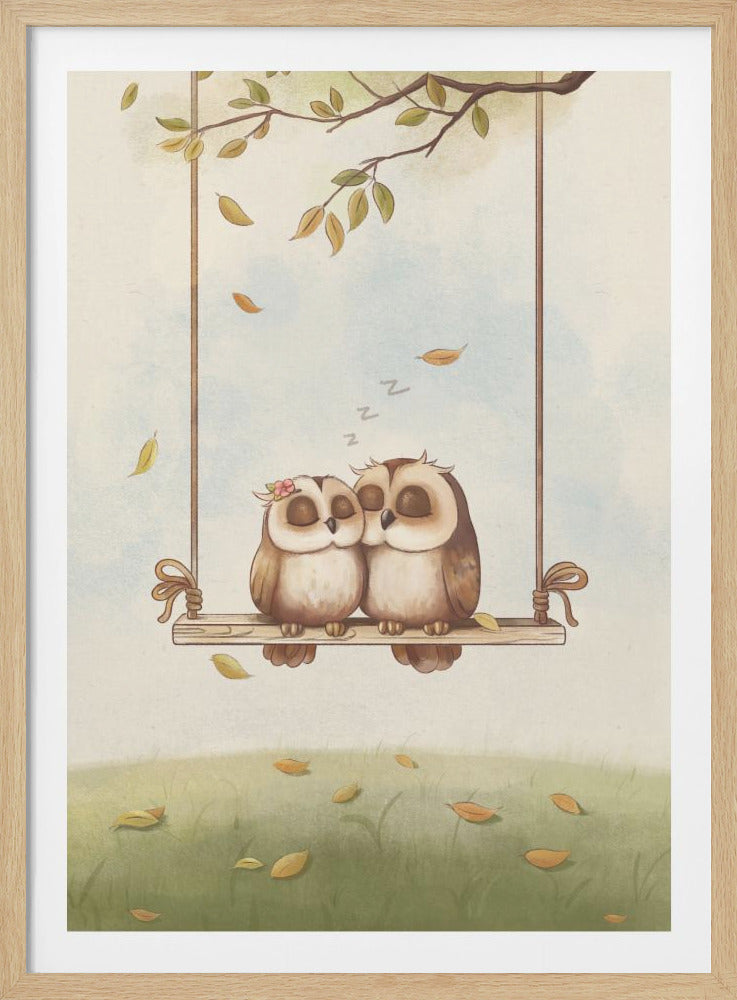 A charming illustration of two cute brown owls sleeping and cuddling on a wooden swing hanging from a tree branch. Yellow autumn leaves are falling around them against a pale blue and green background. Poster