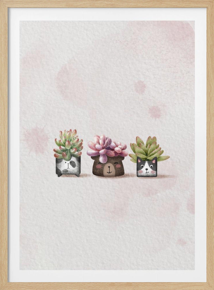 A whimsical watercolor illustration of three cute succulents in a row, each potted in a different animal-themed planter. On the left is a panda pot, in the middle a bear pot, and on the right a cat pot. The background is a textured light pink with soft watercolor splotches, all within a black frame. Artwork