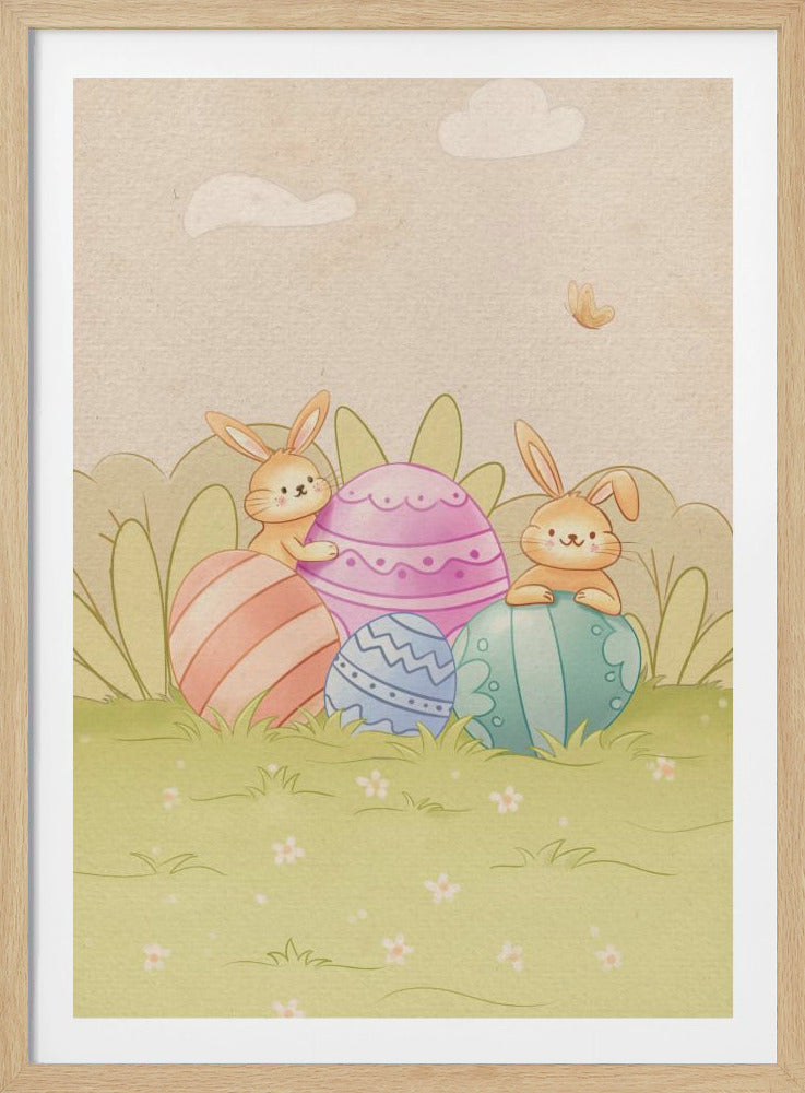 A whimsical watercolor illustration of two cute bunnies peeking out from behind large, colorful Easter eggs in a grassy field under a pale sky with a butterfly. Wall Art