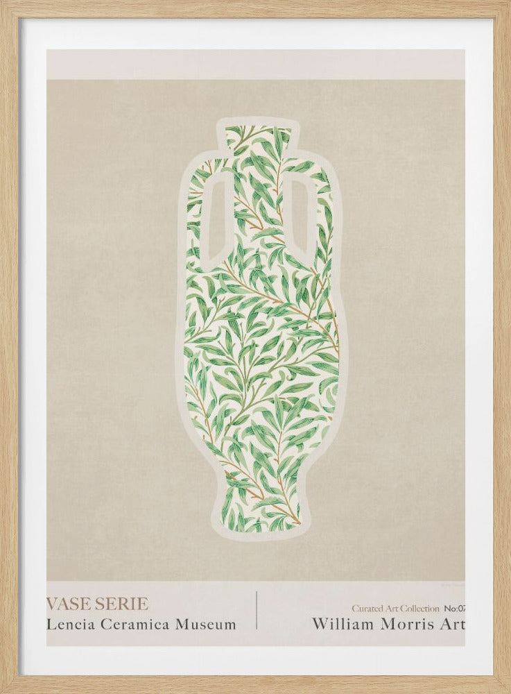 A framed exhibition-style poster featuring a silhouette of a classical vase. The vase is filled with the iconic green 'Willow Bough' leaf pattern by William Morris, set against a neutral beige background. Text at the bottom identifies the piece as part of a 'Vase Serie' and 'William Morris Art'. Print