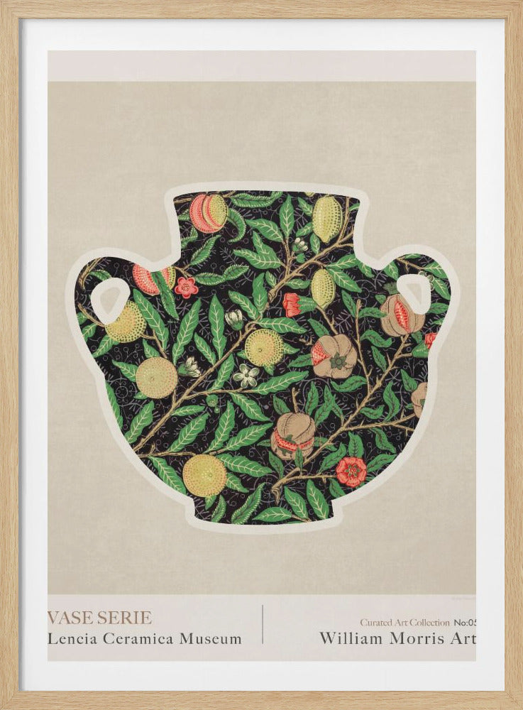 A museum-style poster featuring a classical vase silhouette filled with a dense William Morris pattern of green leaves, yellow and red fruits, and flowers on a dark background. The poster has a light beige background with text below reading 'VASE SERIE', 'Lencia Ceramica Museum', and 'William Morris Art', and is shown in a black frame. Poster
