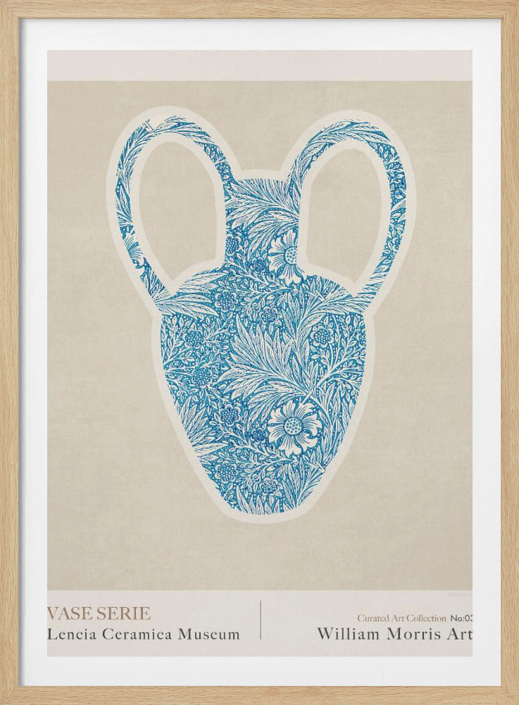 A framed art print featuring a stylized silhouette of a two-handled vase. The vase is filled with an intricate blue and white floral pattern in the style of William Morris, set against a solid beige background. Text at the bottom identifies it as part of the 'Vase Serie' from the 'Lencia Ceramica Museum' and credits 'William Morris Art'. Wall Art
