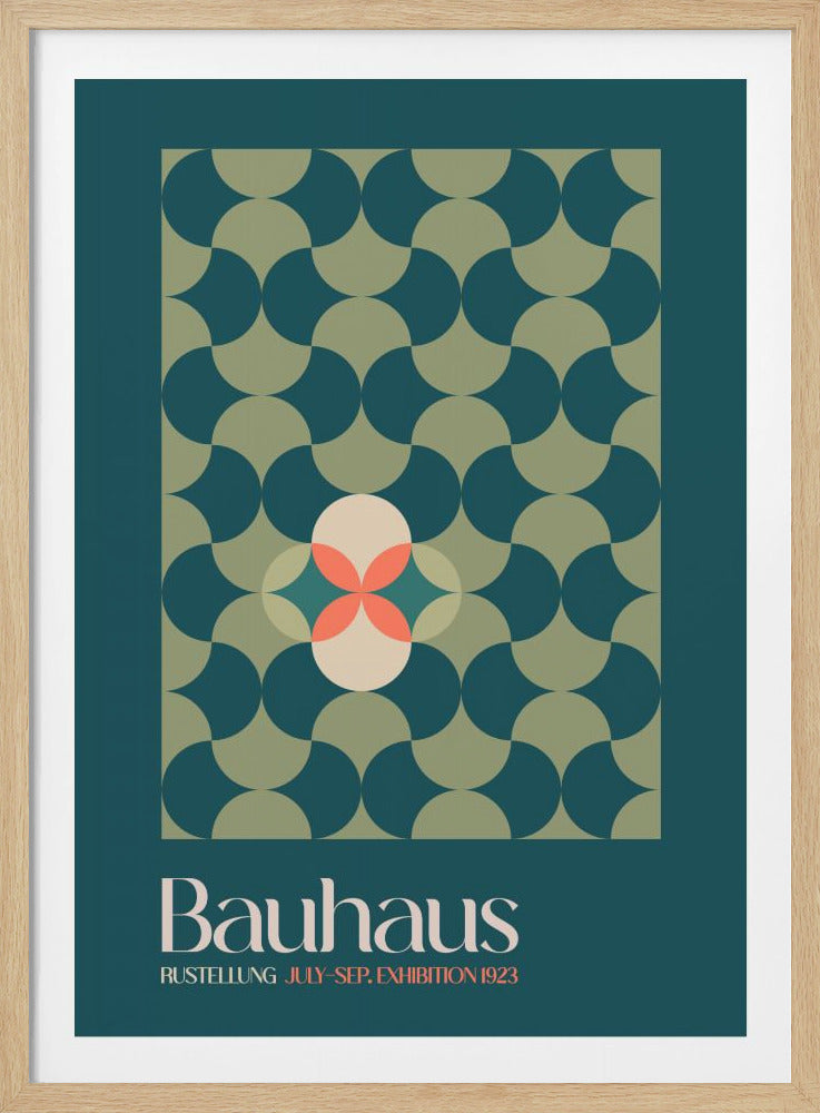 A vintage Bauhaus exhibition poster from 1923, featuring a geometric pattern of interlocking teal and sage green semi-circles. A central motif shows a cream circle with a four-petaled pink shape. The text 'Bauhaus' and event details are below the artwork on a teal background, all within a black frame. Artwork