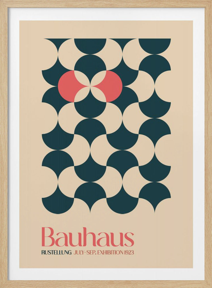 A vintage Bauhaus exhibition poster from 1923 featuring a geometric pattern of interlocking dark teal and cream semicircles on a beige background. A pink four-petaled shape stands out in the upper center. The text 'Bauhaus' and 'EXHIBITION 1923' is at the bottom. Wall Art