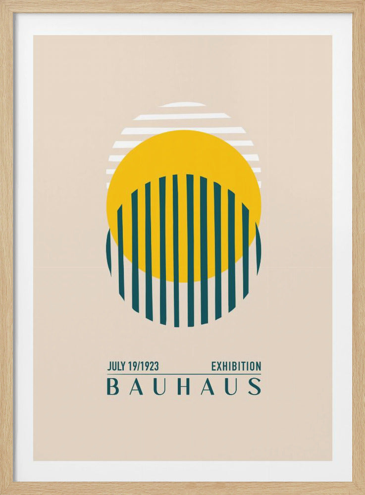 A vintage-style Bauhaus exhibition poster from July 19, 1923. The design features a large yellow circle overlaid with dark teal vertical stripes, set against a background of horizontal white stripes on a beige field. The poster is framed in black. Artwork