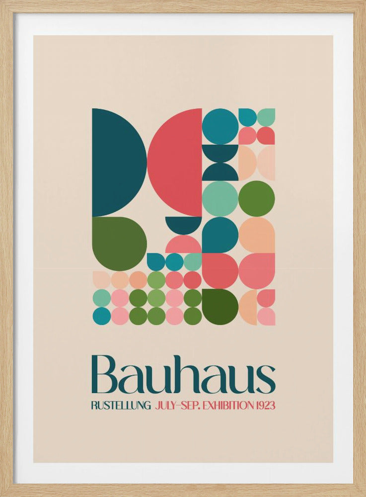 A vintage Bauhaus exhibition poster from 1923 featuring a geometric abstract design. The artwork is composed of circles and semi-circles in shades of teal, coral, and green on a light cream background. Below the graphic, the word 'Bauhaus' is written in a large dark teal font, with 'RUSTELLUNG JULY-SEP. EXHIBITION 1923' underneath. Artwork