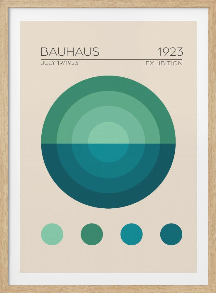 A minimalist Bauhaus exhibition poster from 1923. It features a large geometric circle composed of concentric rings in shades of green and teal on a cream background, all within a black frame. Poster