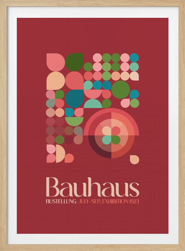 A vintage Bauhaus exhibition poster from 1923, featuring an abstract geometric design composed of circles and semi-circles in shades of pink, green, teal, and peach against a deep red background. The word 'Bauhaus' is printed in a stylized font at the bottom. Artwork