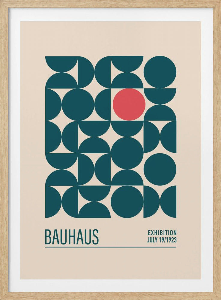 Bauhaus style art print featuring blue spheres or orbs, minimalist and geometric. Poster