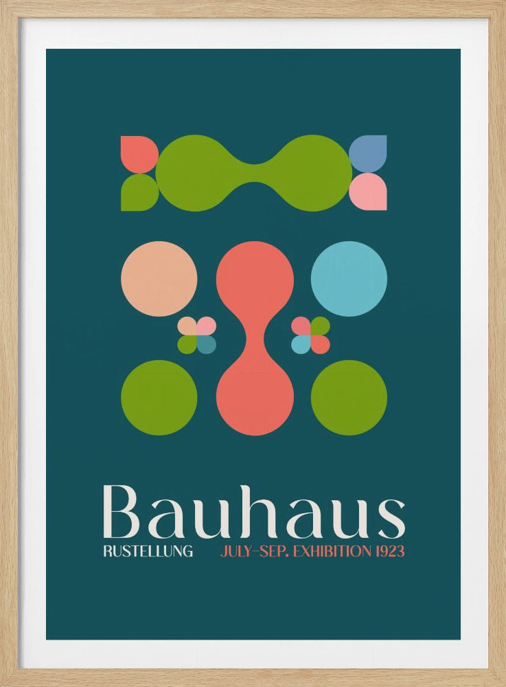 A vintage-style poster for a 1923 Bauhaus exhibition. The design features colorful abstract geometric shapes in green, coral, and blue against a dark teal background. The word 'Bauhaus' is prominently displayed at the bottom. Artwork