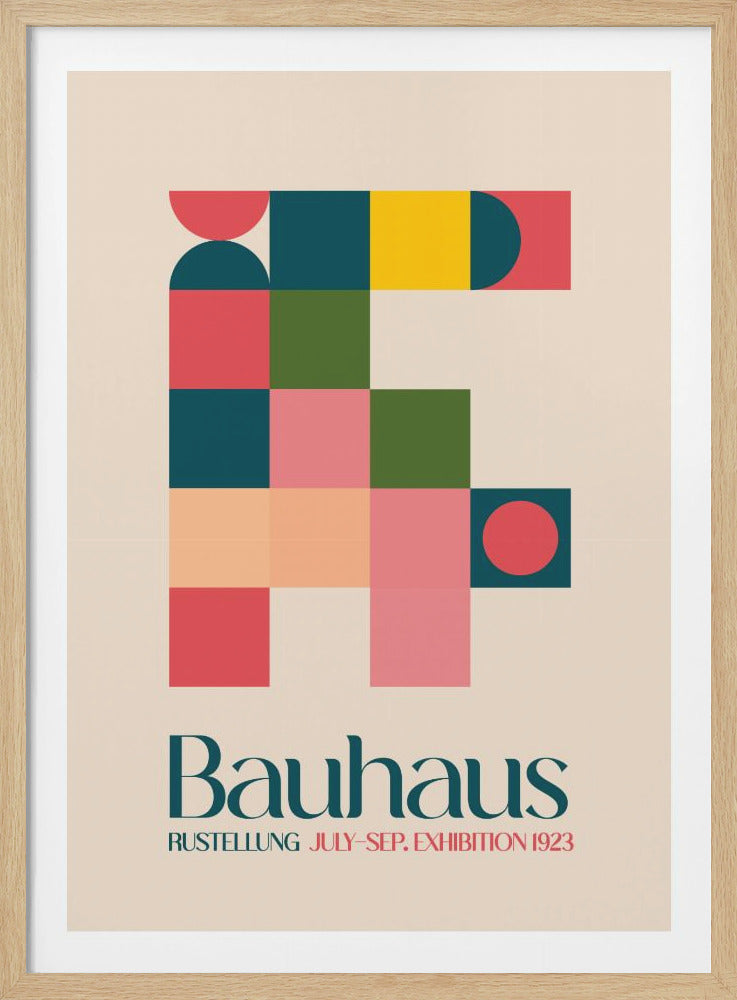 A vintage Bauhaus exhibition poster from 1923, featuring a large abstract graphic composed of colorful geometric shapes like squares, semicircles, and circles in red, pink, teal, green, and yellow on a cream background. Below the artwork, the word 'Bauhaus' is printed in a large teal serif font, with 'RUSTELLUNG JULY-SEP. EXHIBITION 1923' in smaller red text underneath. The poster is shown within a black frame. Wall Art