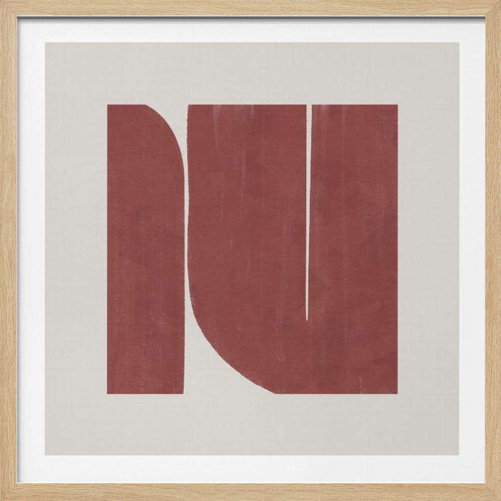 A minimalist abstract art print in a light wood frame, featuring two bold, textured terracotta red shapes on a beige background. The shapes, one with a curved side and the other more rectangular, create a strong geometric composition. Wall Art