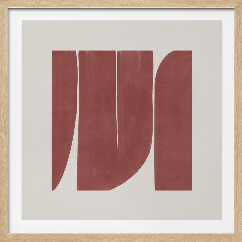 A minimalist abstract art print in a light wood frame. The artwork features bold, textured, rust-red vertical shapes with curved and straight edges, set against a creamy off-white background. Wall Art
