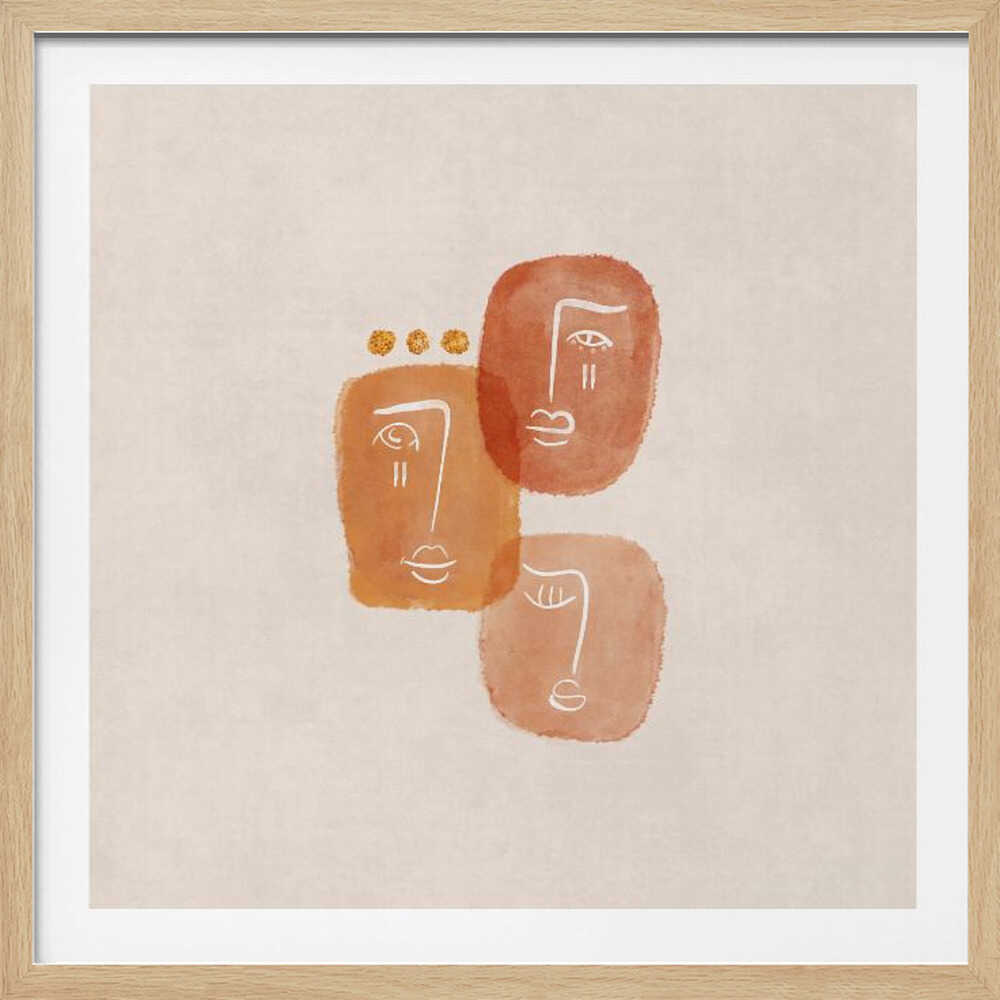 A minimalist abstract painting in a light wood frame, featuring three stylized faces rendered in orange and terracotta watercolor shapes with simple white line art on a textured beige background. One face is adorned with three small gold dots above it. Artwork