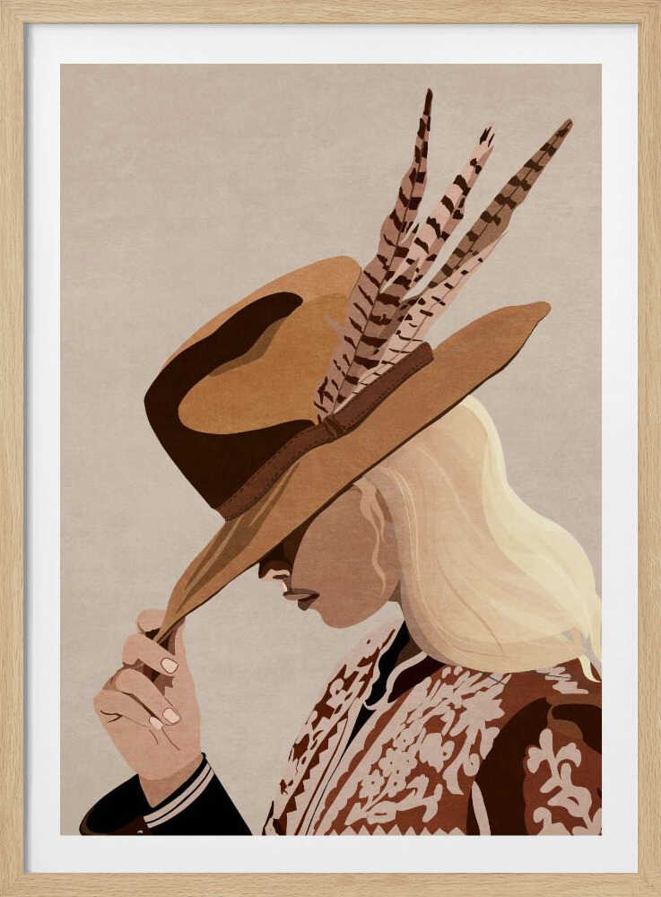 A graphic illustration of a blonde woman in profile, tipping a large brown fedora-style hat with feathers. Her face is partially obscured by the hat. She is wearing a patterned brown and white jacket over a black top against a solid light beige background. Print