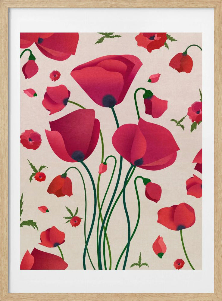 A stylized art print of various red poppy flowers against a light cream background. A central cluster of large poppies with long green stems is surrounded by smaller flowers, buds, and floating petals, creating a dynamic floral pattern inside a black frame. Wall Art