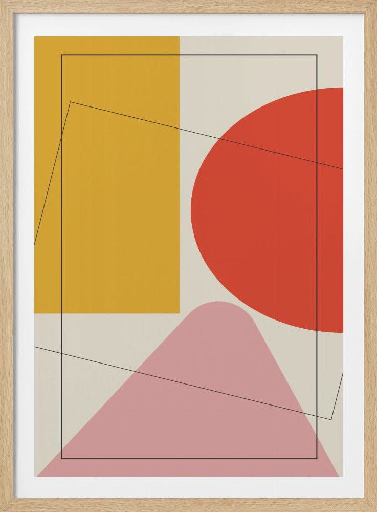 A framed abstract art piece with a cream background, featuring a mustard yellow rectangle on the left, a large coral-red circle on the right, and a soft pink rounded triangular shape at the bottom. Thin black angular lines and a rectangular outline are overlaid on the composition. Wall Art
