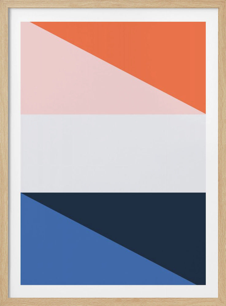 A framed piece of modern abstract art featuring geometric color blocking. The composition is divided into three main horizontal sections: the top is diagonally split between orange and light pink, the middle is a solid white band, and the bottom is diagonally split between dark navy and a medium blue. Print