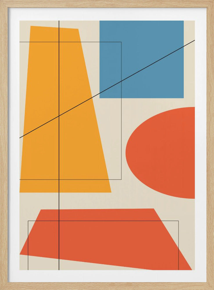A framed abstract art piece featuring a collection of overlapping geometric shapes in bold colors on a cream background. The shapes include a tall yellow trapezoid, a blue square, a wide red-orange trapezoid, and a partial red-orange circle, all transected by thin black lines. Decor